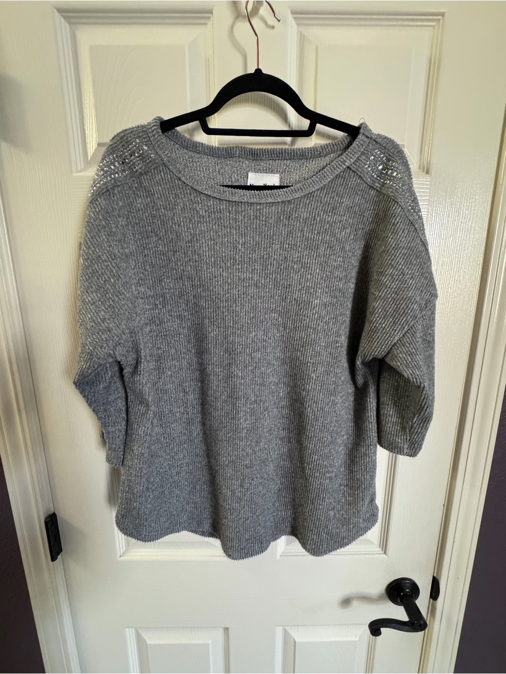 New York Laundry Gray Ribbed Crewneck Sweater with Studded Shoulders